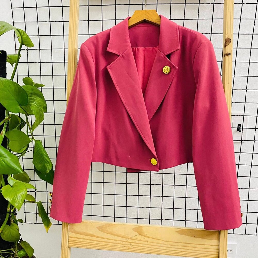 🌸 Hot Pink Cropped Blazer Gold Button Notch Lapel Jacket Trendy